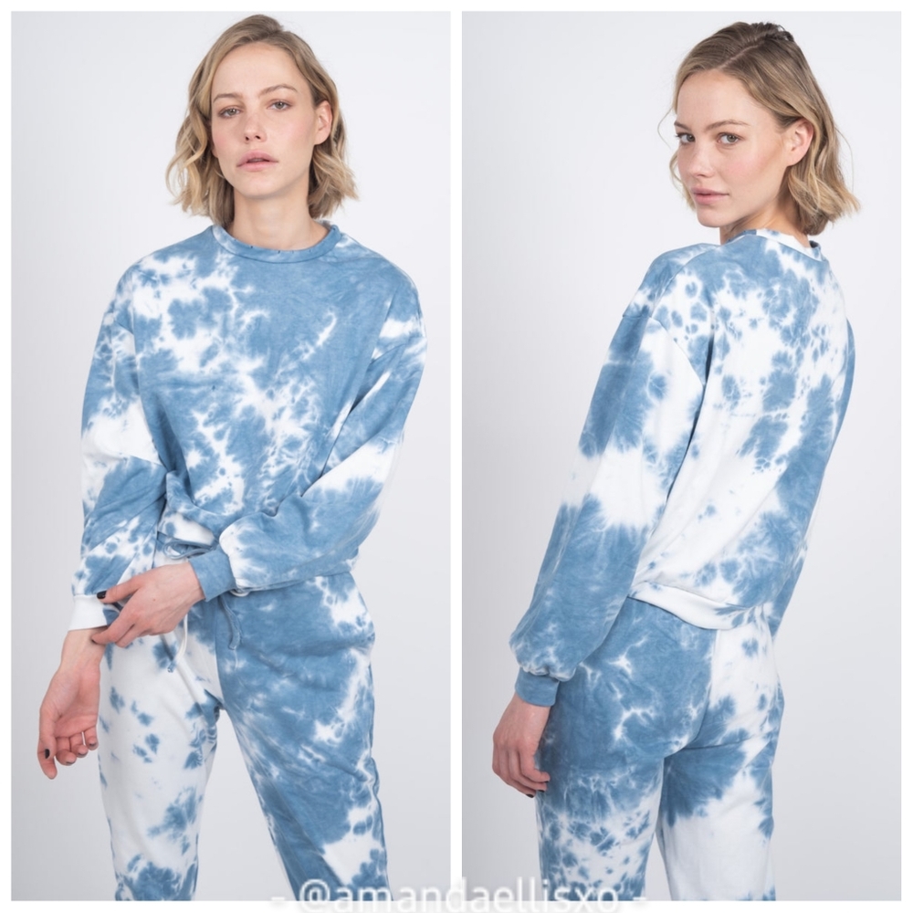 Silk & Salt Cloud 9 Crew Neck Sweatshirt Cream and Blue Cropped Tie Dye